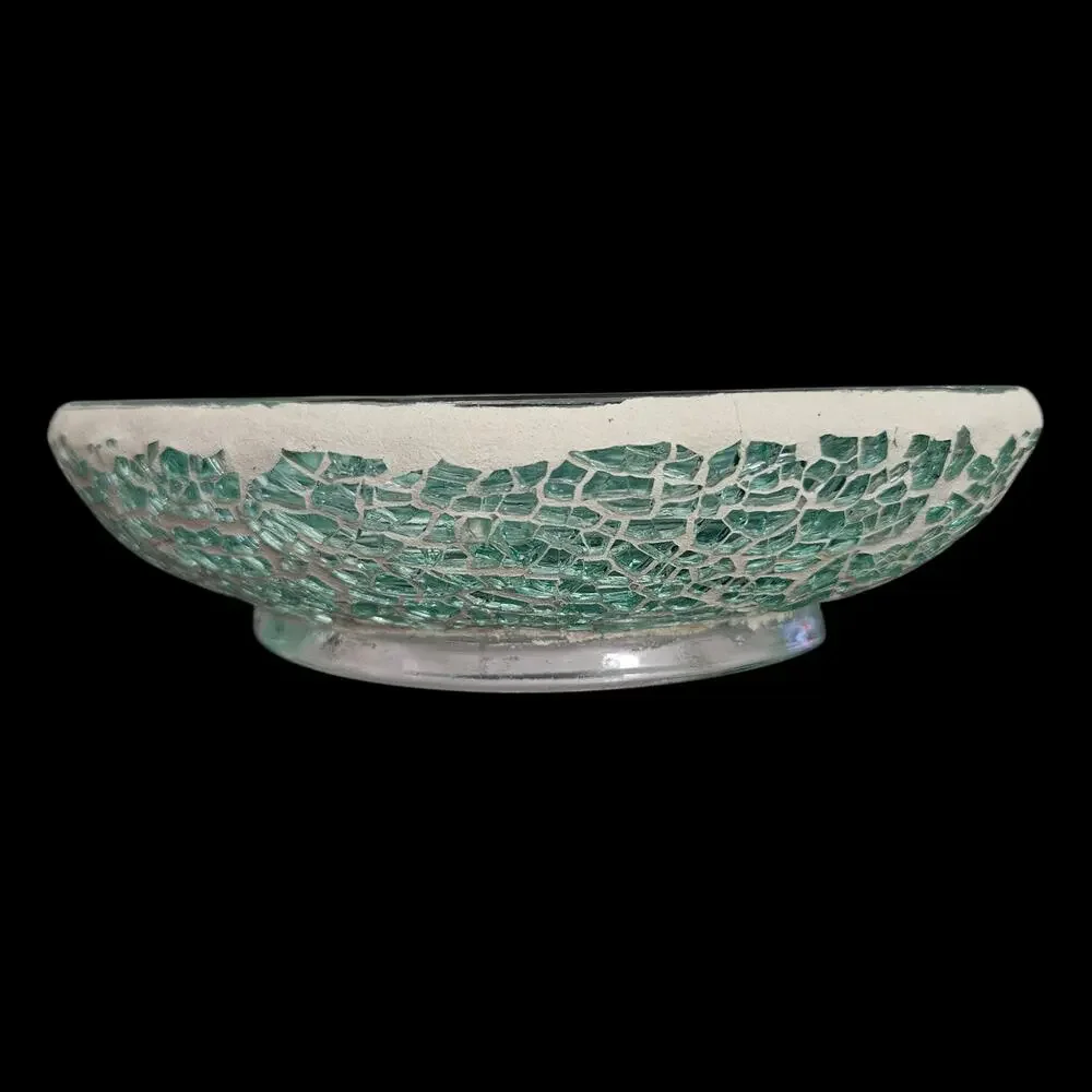 Vintage Green Crackle Mosaic Art Glass Oval Console Bowl Centerpiece